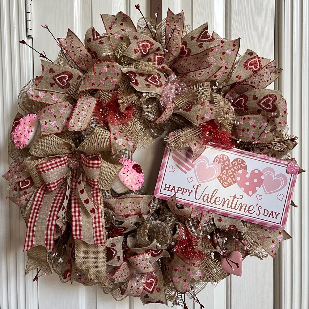 HUGE Valentines Day Wreath 28” Burlap Farmhouse Rustic Pink Red Hearts XLARGE